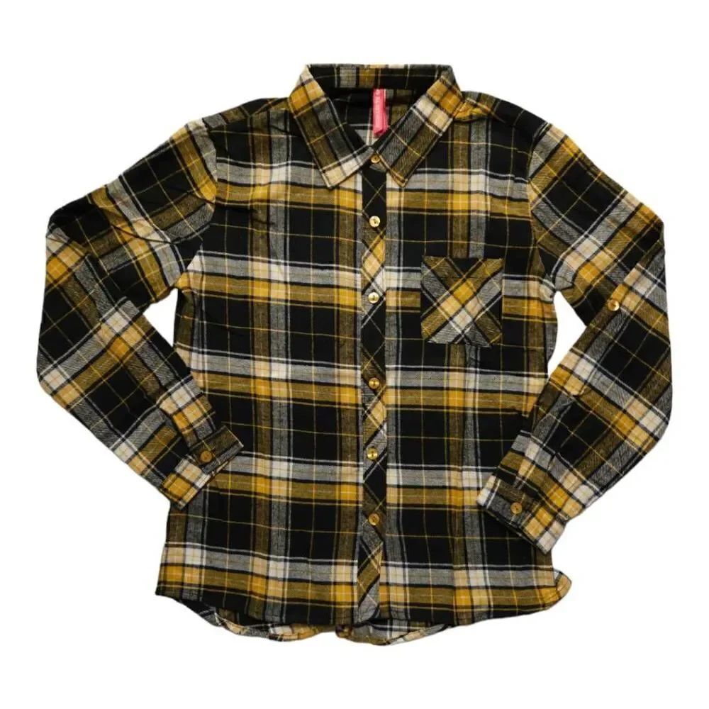 PinkLatte Cutie Patootie Plaid Flannel Button Front Shirt Yellow 10/12 (Girls)